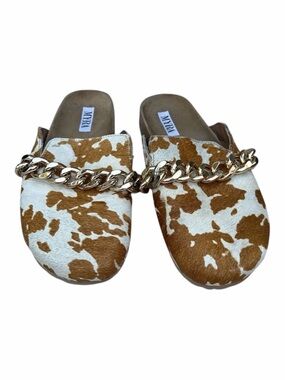 MYRA Cowhide Chain Mules in White & Brown Size (9)